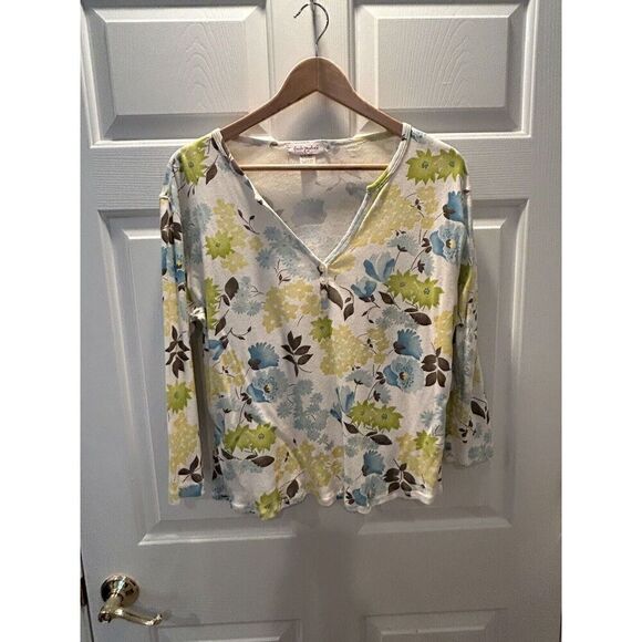 Fresh Produce Floral Top Women XL  100% Cotton V Neck Button Accent #8659 ATAMHN - Picture 1 of 4